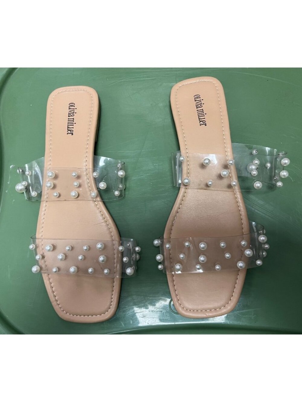 Clear Pearl-Embellished Slide Sandals By Olivia Miller Beige Sole Women's size 1